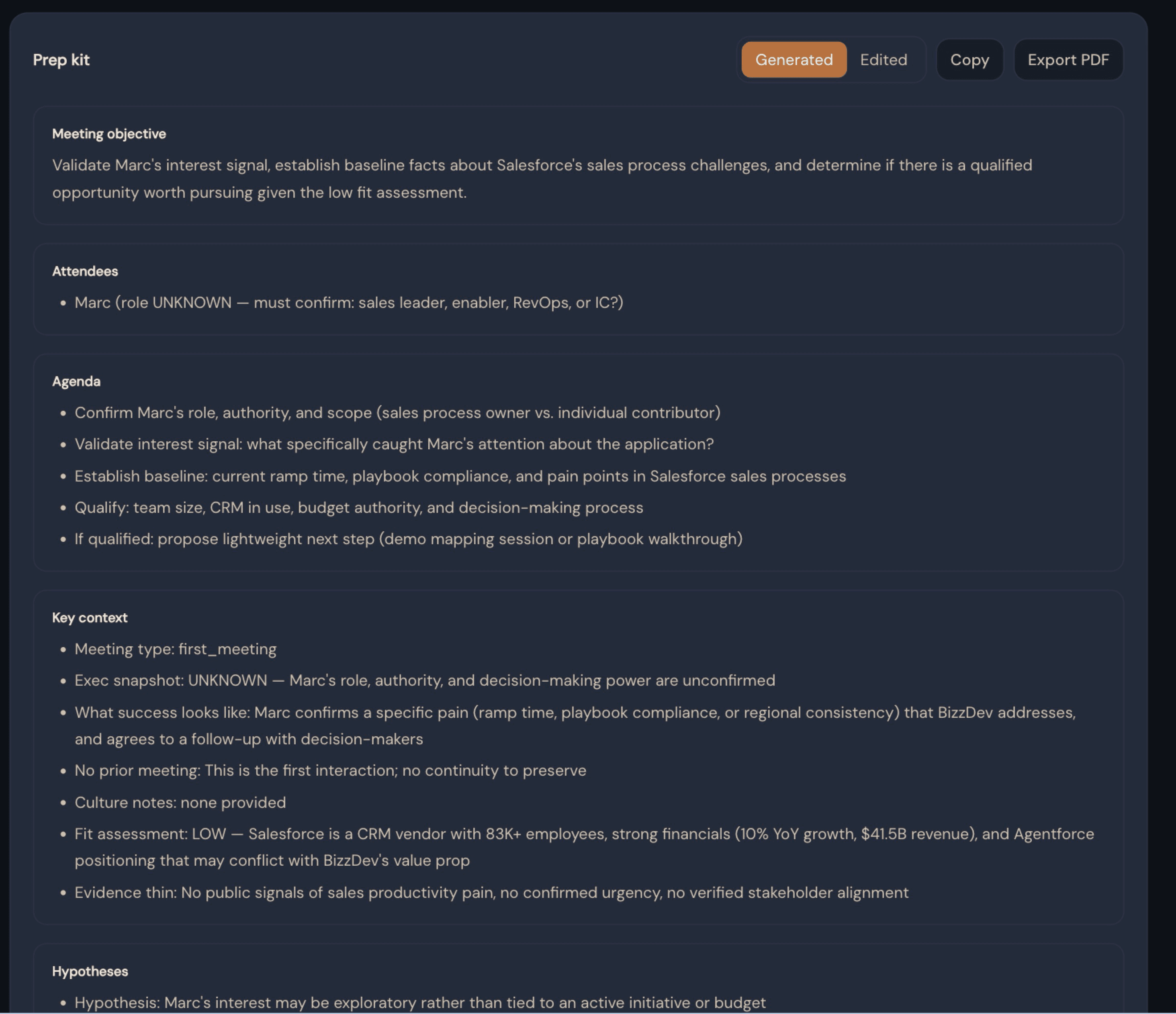 Meeting prep output showing agenda, hypotheses, and next steps