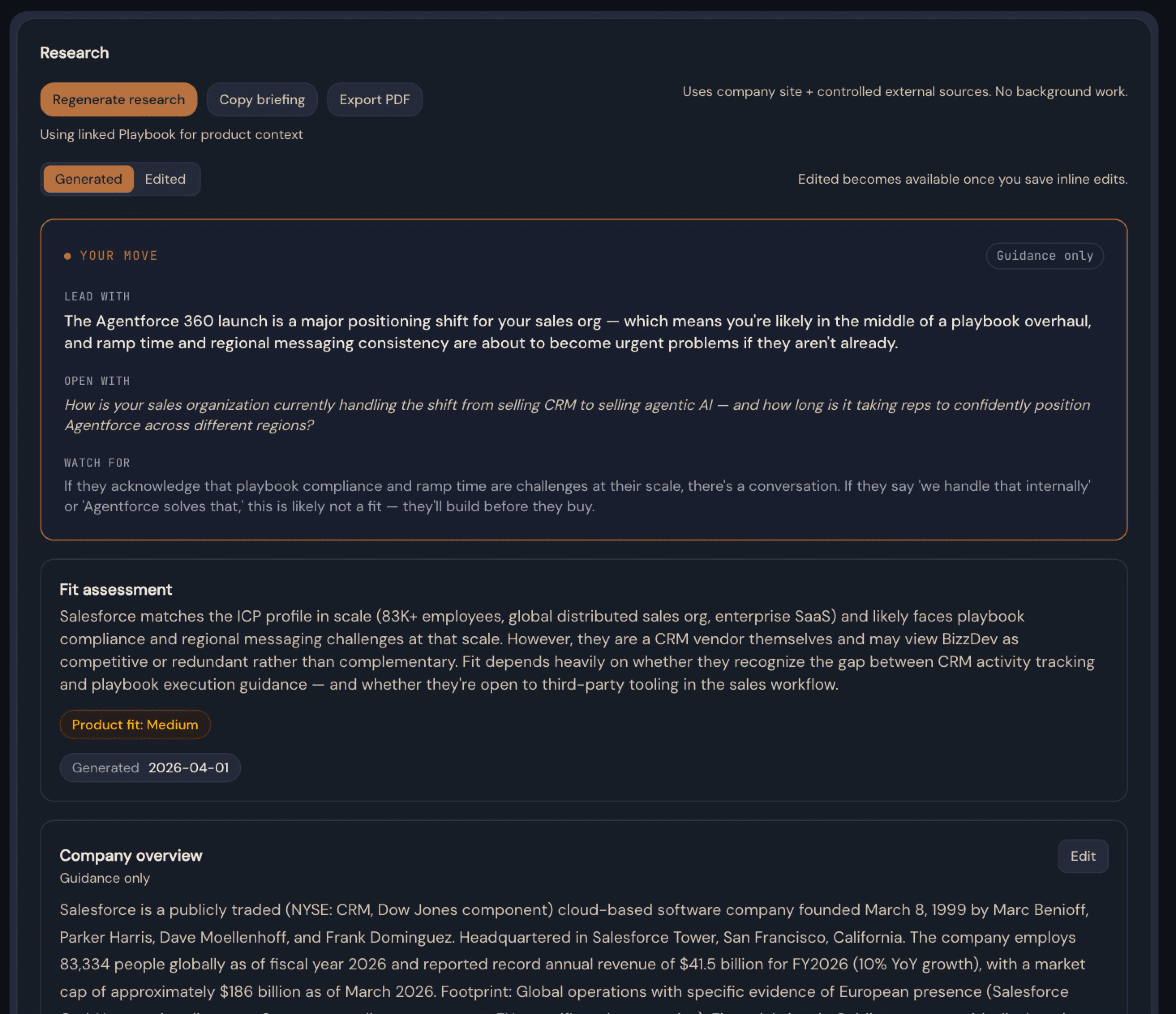 BizzDev.ai target research output showing evidence-based company intelligence with fit score and approach angle